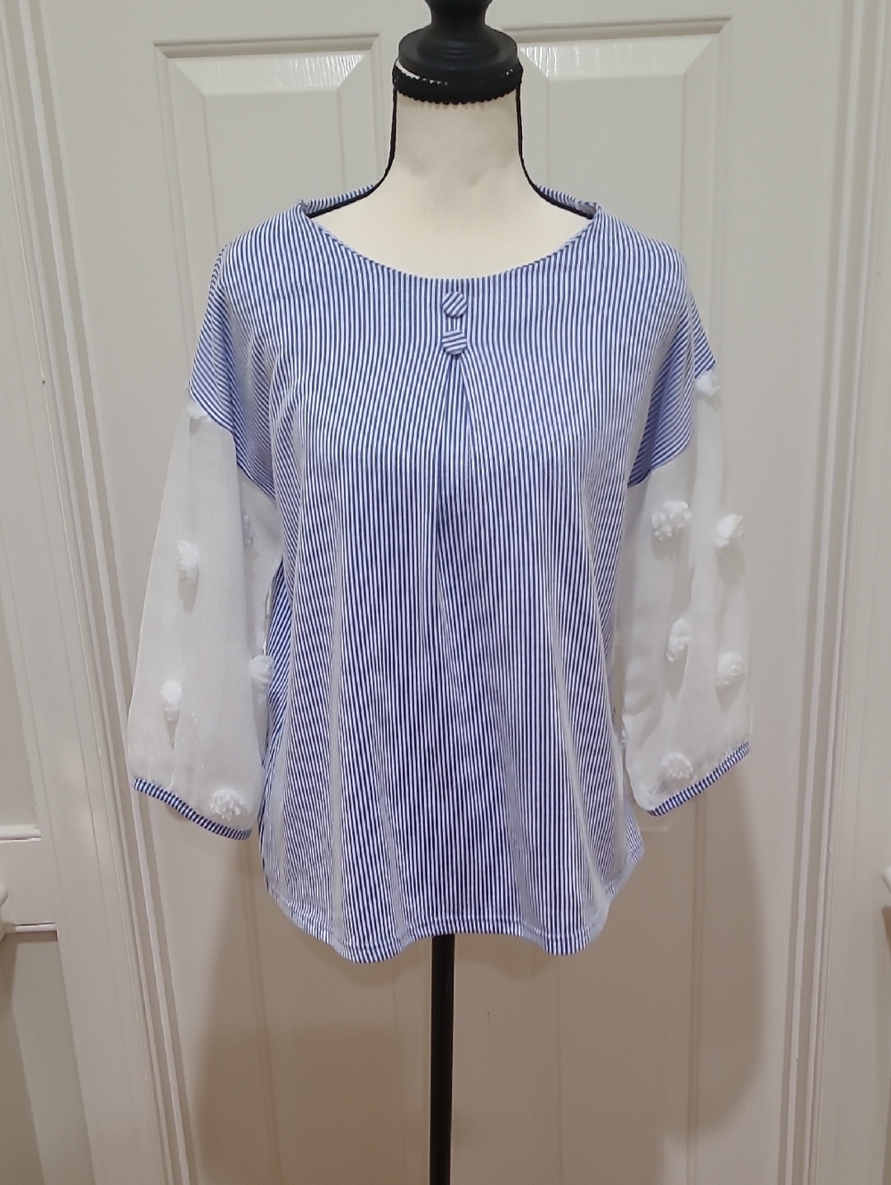 Trisha Tyler Blue & White Striped Pom-Sleeve Top,  Size M